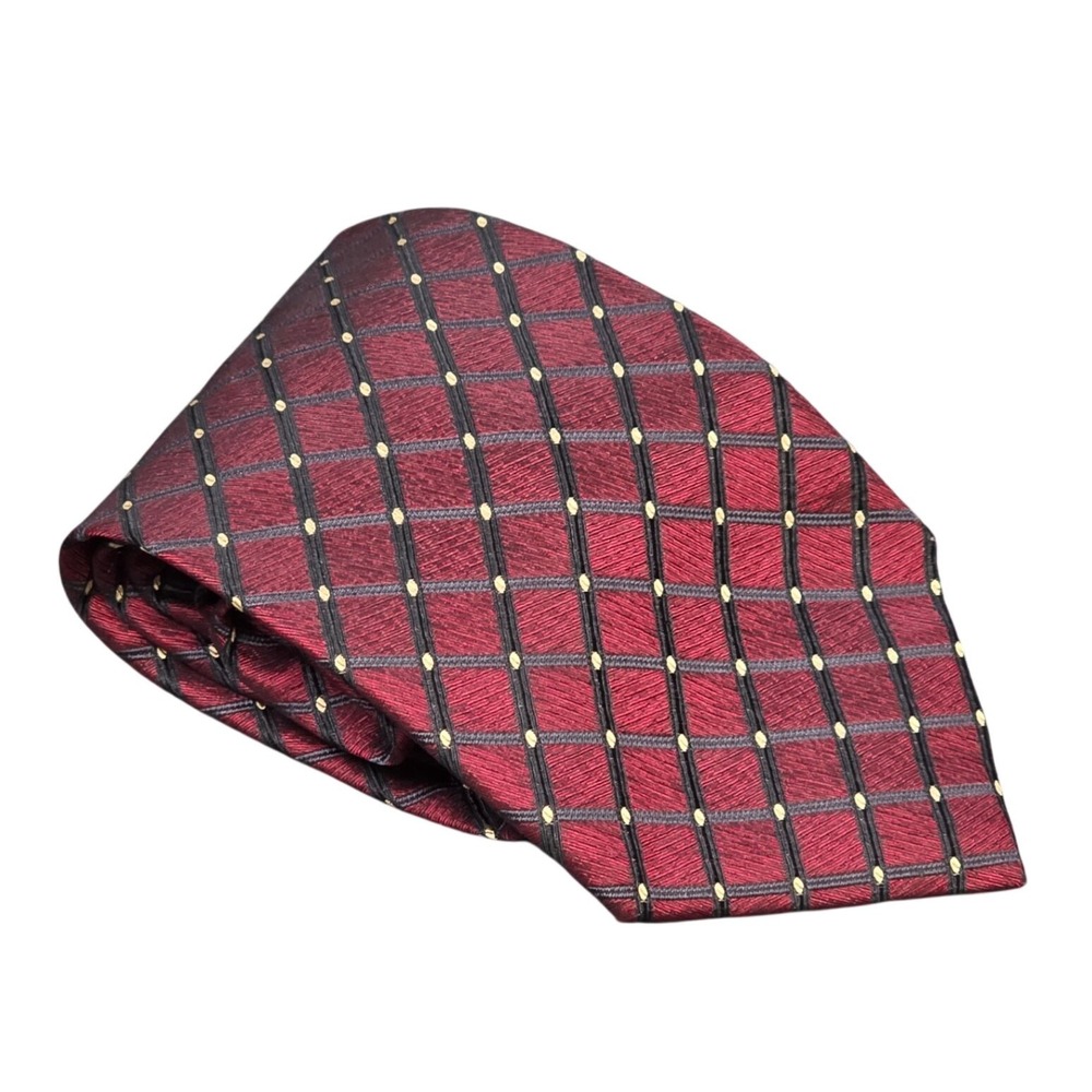 Roberto Villini Couture Silk Handmade Necktie Tie Men's Burgundy Geometric Grid
